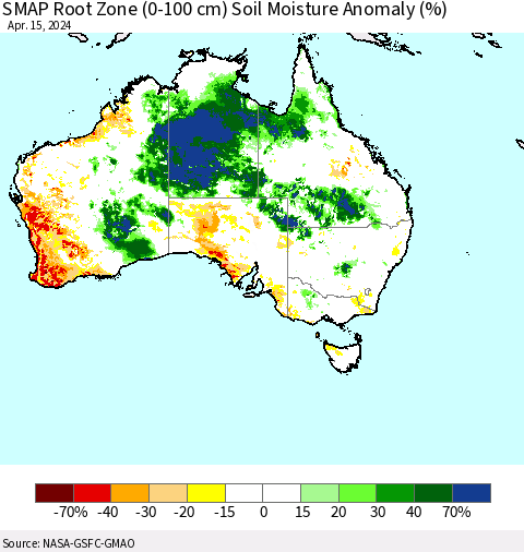 Australia SMAP Root Zone (0-100 cm) Soil Moisture Anomaly (%) Thematic Map For 4/11/2024 - 4/15/2024