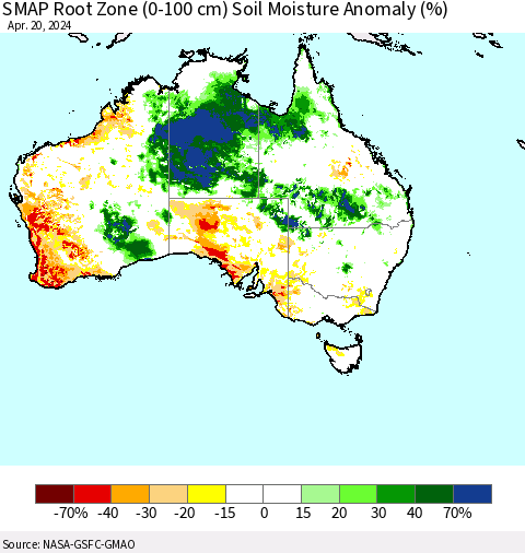 Australia SMAP Root Zone (0-100 cm) Soil Moisture Anomaly (%) Thematic Map For 4/16/2024 - 4/20/2024