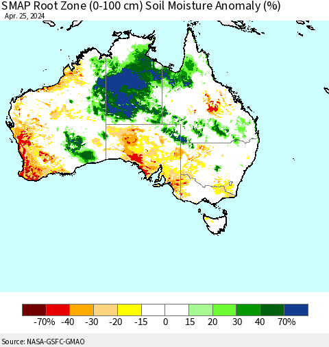 Australia SMAP Root Zone (0-100 cm) Soil Moisture Anomaly (%) Thematic Map For 4/21/2024 - 4/25/2024