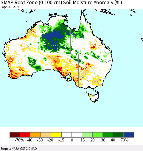 Australia SMAP Root Zone (0-100 cm) Soil Moisture Anomaly (%) Thematic Map For 4/26/2024 - 4/30/2024