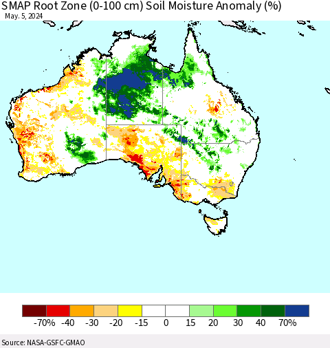 Australia SMAP Root Zone (0-100 cm) Soil Moisture Anomaly (%) Thematic Map For 5/1/2024 - 5/5/2024