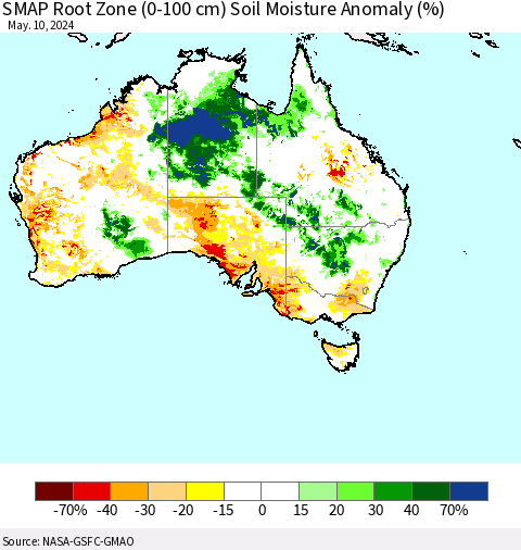 Australia SMAP Root Zone (0-100 cm) Soil Moisture Anomaly (%) Thematic Map For 5/6/2024 - 5/10/2024