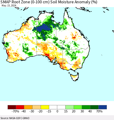 Australia SMAP Root Zone (0-100 cm) Soil Moisture Anomaly (%) Thematic Map For 5/11/2024 - 5/15/2024
