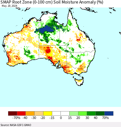 Australia SMAP Root Zone (0-100 cm) Soil Moisture Anomaly (%) Thematic Map For 5/16/2024 - 5/20/2024
