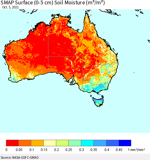 Australia SMAP Surface (0-5 cm) Soil Moisture (m³/m³) Thematic Map For 10/1/2021 - 10/5/2021