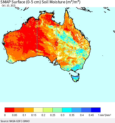 Australia SMAP Surface (0-5 cm) Soil Moisture (m³/m³) Thematic Map For 10/6/2021 - 10/10/2021