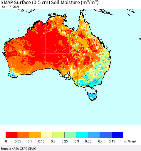 Australia SMAP Surface (0-5 cm) Soil Moisture (m³/m³) Thematic Map For 10/11/2021 - 10/15/2021