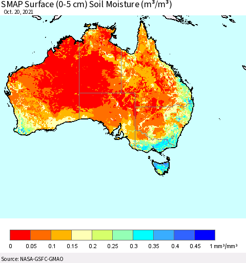 Australia SMAP Surface (0-5 cm) Soil Moisture (m³/m³) Thematic Map For 10/16/2021 - 10/20/2021