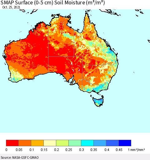 Australia SMAP Surface (0-5 cm) Soil Moisture (m³/m³) Thematic Map For 10/21/2021 - 10/25/2021