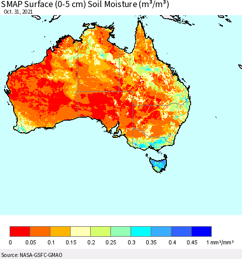 Australia SMAP Surface (0-5 cm) Soil Moisture (m³/m³) Thematic Map For 10/26/2021 - 10/31/2021
