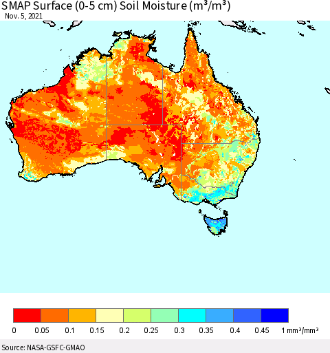 Australia SMAP Surface (0-5 cm) Soil Moisture (m³/m³) Thematic Map For 11/1/2021 - 11/5/2021