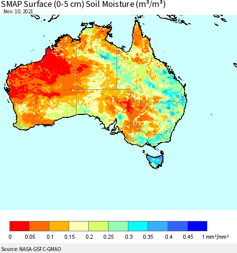 Australia SMAP Surface (0-5 cm) Soil Moisture (m³/m³) Thematic Map For 11/6/2021 - 11/10/2021