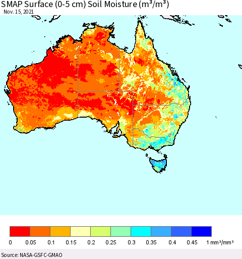 Australia SMAP Surface (0-5 cm) Soil Moisture (m³/m³) Thematic Map For 11/11/2021 - 11/15/2021