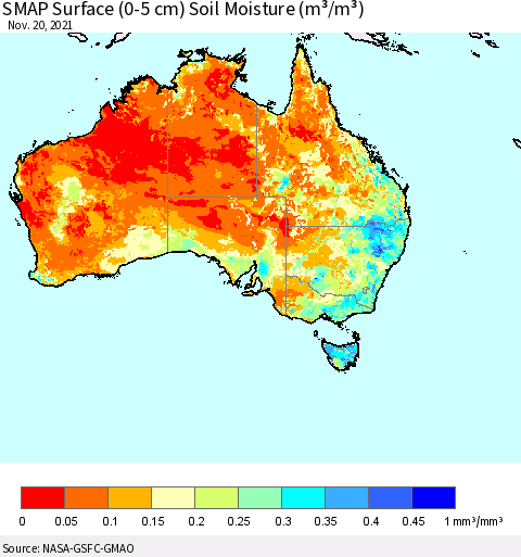 Australia SMAP Surface (0-5 cm) Soil Moisture (m³/m³) Thematic Map For 11/16/2021 - 11/20/2021