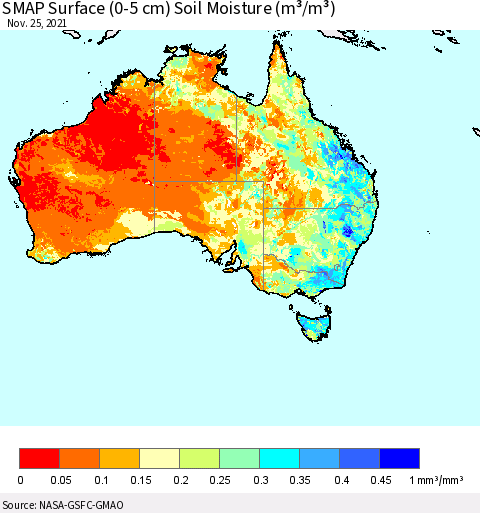 Australia SMAP Surface (0-5 cm) Soil Moisture (m³/m³) Thematic Map For 11/21/2021 - 11/25/2021