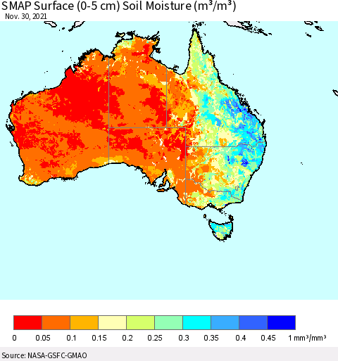 Australia SMAP Surface (0-5 cm) Soil Moisture (m³/m³) Thematic Map For 11/26/2021 - 11/30/2021