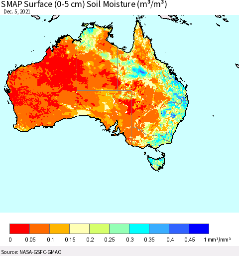 Australia SMAP Surface (0-5 cm) Soil Moisture (m³/m³) Thematic Map For 12/1/2021 - 12/5/2021