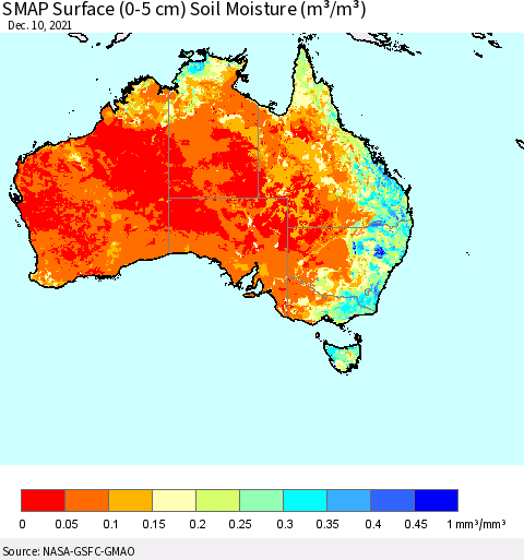 Australia SMAP Surface (0-5 cm) Soil Moisture (m³/m³) Thematic Map For 12/6/2021 - 12/10/2021
