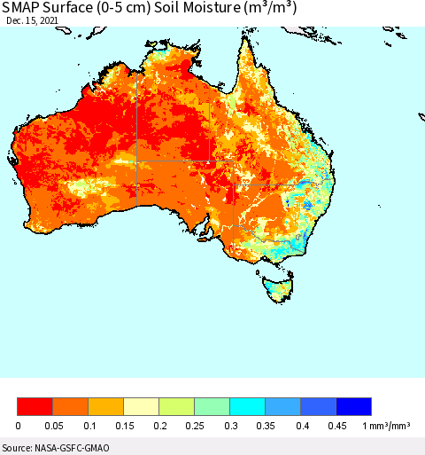 Australia SMAP Surface (0-5 cm) Soil Moisture (m³/m³) Thematic Map For 12/11/2021 - 12/15/2021