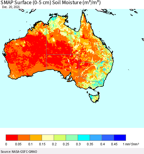 Australia SMAP Surface (0-5 cm) Soil Moisture (m³/m³) Thematic Map For 12/16/2021 - 12/20/2021