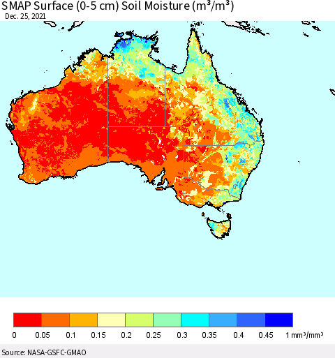 Australia SMAP Surface (0-5 cm) Soil Moisture (m³/m³) Thematic Map For 12/21/2021 - 12/25/2021