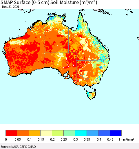 Australia SMAP Surface (0-5 cm) Soil Moisture (m³/m³) Thematic Map For 12/26/2021 - 12/31/2021