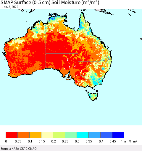 Australia SMAP Surface (0-5 cm) Soil Moisture (m³/m³) Thematic Map For 1/1/2022 - 1/5/2022