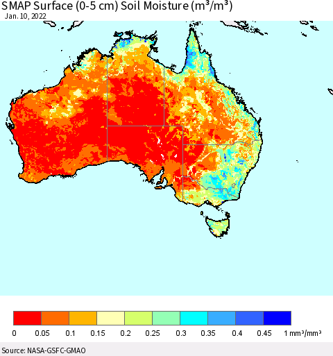 Australia SMAP Surface (0-5 cm) Soil Moisture (m³/m³) Thematic Map For 1/6/2022 - 1/10/2022