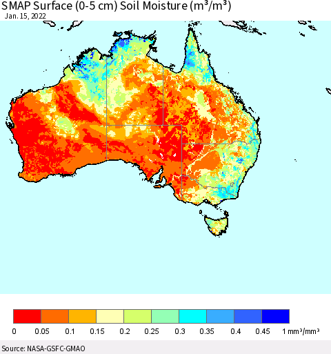Australia SMAP Surface (0-5 cm) Soil Moisture (m³/m³) Thematic Map For 1/11/2022 - 1/15/2022