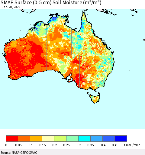 Australia SMAP Surface (0-5 cm) Soil Moisture (m³/m³) Thematic Map For 1/16/2022 - 1/20/2022