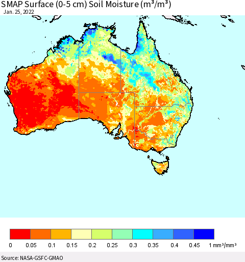 Australia SMAP Surface (0-5 cm) Soil Moisture (m³/m³) Thematic Map For 1/21/2022 - 1/25/2022