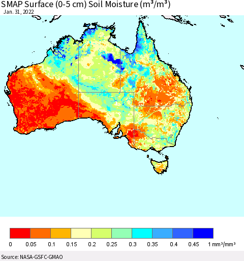 Australia SMAP Surface (0-5 cm) Soil Moisture (m³/m³) Thematic Map For 1/26/2022 - 1/31/2022