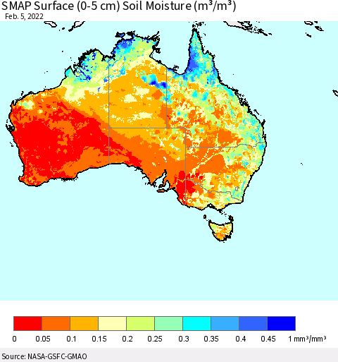 Australia SMAP Surface (0-5 cm) Soil Moisture (m³/m³) Thematic Map For 2/1/2022 - 2/5/2022