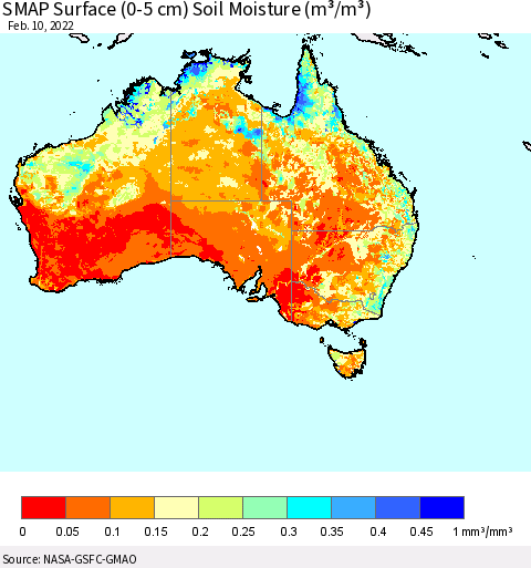 Australia SMAP Surface (0-5 cm) Soil Moisture (m³/m³) Thematic Map For 2/6/2022 - 2/10/2022