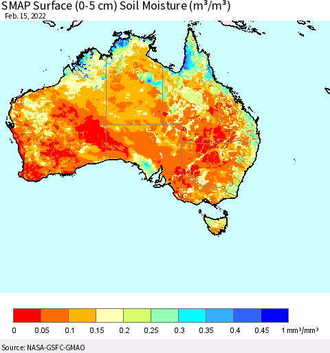Australia SMAP Surface (0-5 cm) Soil Moisture (m³/m³) Thematic Map For 2/11/2022 - 2/15/2022