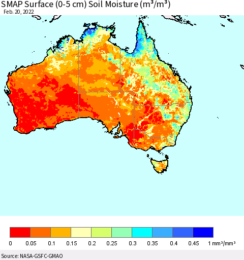 Australia SMAP Surface (0-5 cm) Soil Moisture (m³/m³) Thematic Map For 2/16/2022 - 2/20/2022