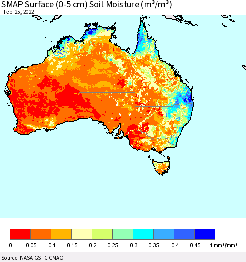Australia SMAP Surface (0-5 cm) Soil Moisture (m³/m³) Thematic Map For 2/21/2022 - 2/25/2022