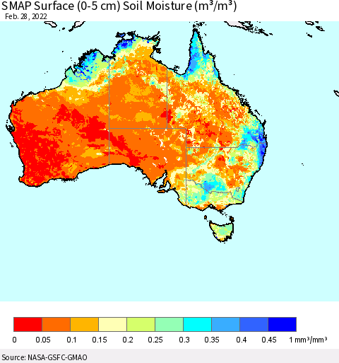 Australia SMAP Surface (0-5 cm) Soil Moisture (m³/m³) Thematic Map For 2/26/2022 - 2/28/2022