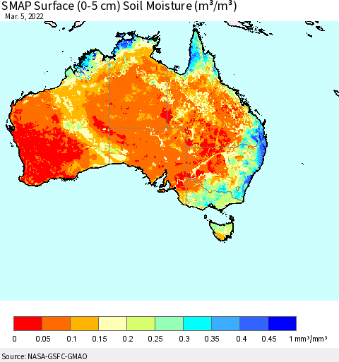 Australia SMAP Surface (0-5 cm) Soil Moisture (m³/m³) Thematic Map For 3/1/2022 - 3/5/2022
