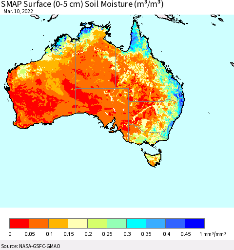 Australia SMAP Surface (0-5 cm) Soil Moisture (m³/m³) Thematic Map For 3/6/2022 - 3/10/2022