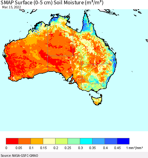Australia SMAP Surface (0-5 cm) Soil Moisture (m³/m³) Thematic Map For 3/11/2022 - 3/15/2022