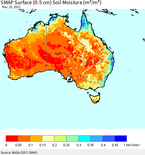 Australia SMAP Surface (0-5 cm) Soil Moisture (m³/m³) Thematic Map For 3/16/2022 - 3/20/2022