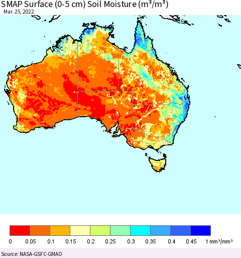 Australia SMAP Surface (0-5 cm) Soil Moisture (m³/m³) Thematic Map For 3/21/2022 - 3/25/2022