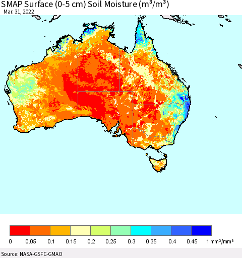 Australia SMAP Surface (0-5 cm) Soil Moisture (m³/m³) Thematic Map For 3/26/2022 - 3/31/2022