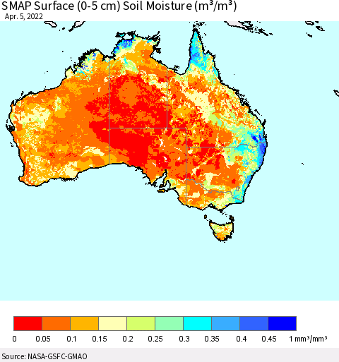 Australia SMAP Surface (0-5 cm) Soil Moisture (m³/m³) Thematic Map For 4/1/2022 - 4/5/2022