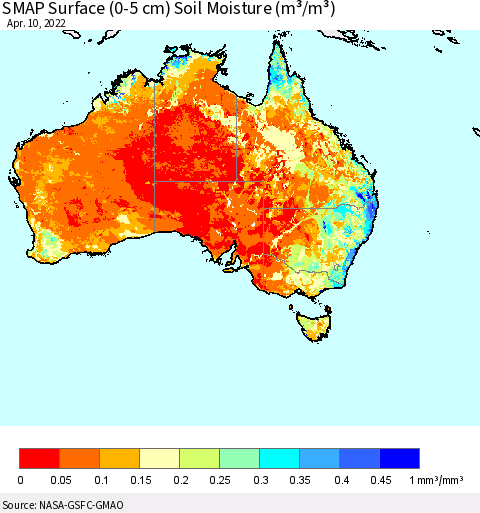 Australia SMAP Surface (0-5 cm) Soil Moisture (m³/m³) Thematic Map For 4/6/2022 - 4/10/2022