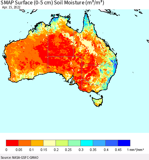 Australia SMAP Surface (0-5 cm) Soil Moisture (m³/m³) Thematic Map For 4/11/2022 - 4/15/2022