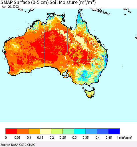 Australia SMAP Surface (0-5 cm) Soil Moisture (m³/m³) Thematic Map For 4/16/2022 - 4/20/2022