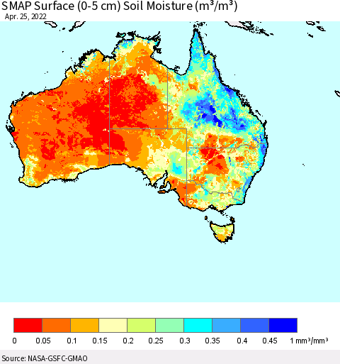 Australia SMAP Surface (0-5 cm) Soil Moisture (m³/m³) Thematic Map For 4/21/2022 - 4/25/2022
