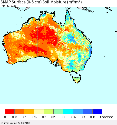 Australia SMAP Surface (0-5 cm) Soil Moisture (m³/m³) Thematic Map For 4/26/2022 - 4/30/2022
